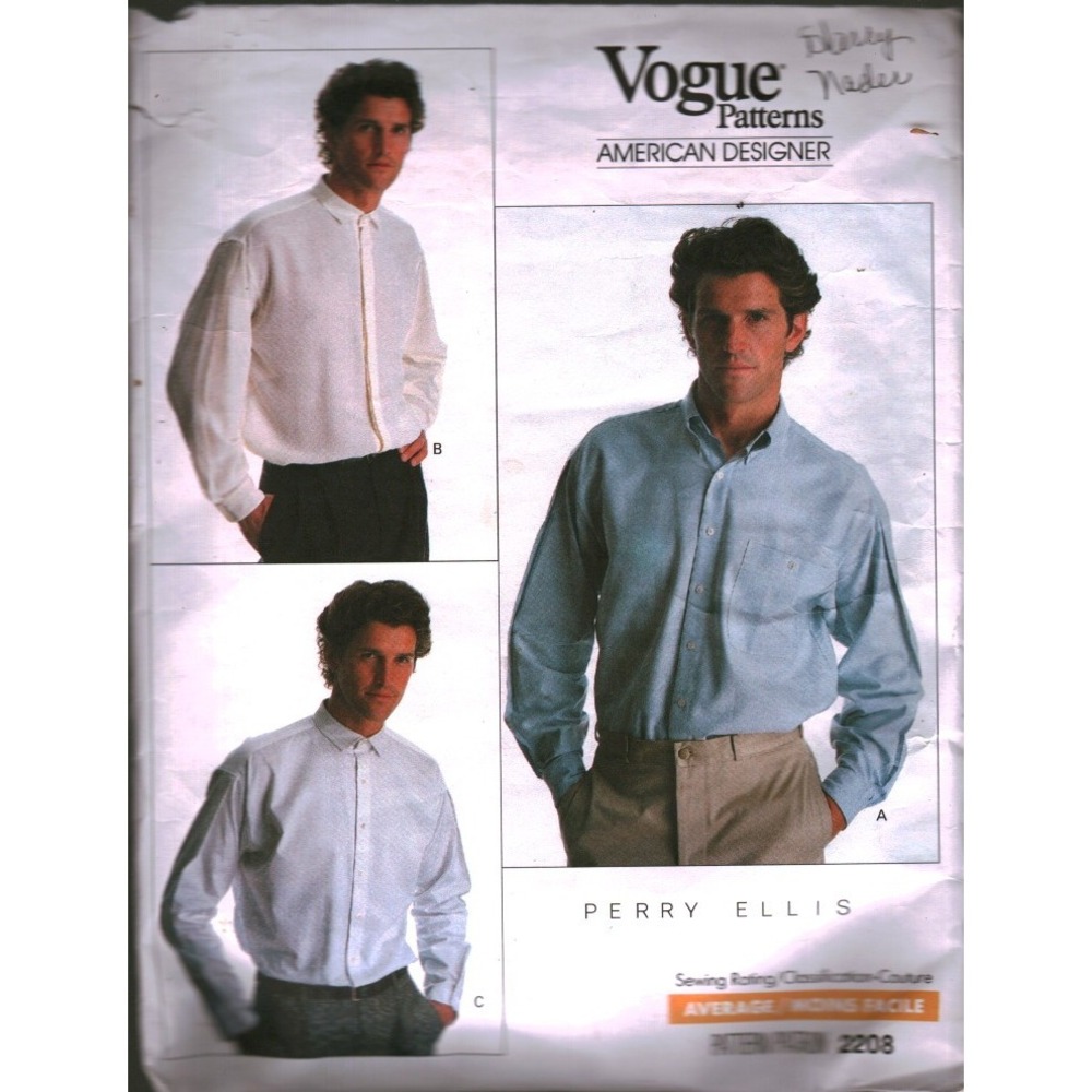 Vogue 2208 Perry Ellis Mens Shirt Sewing Pattern 16.5-17.5 American Designer